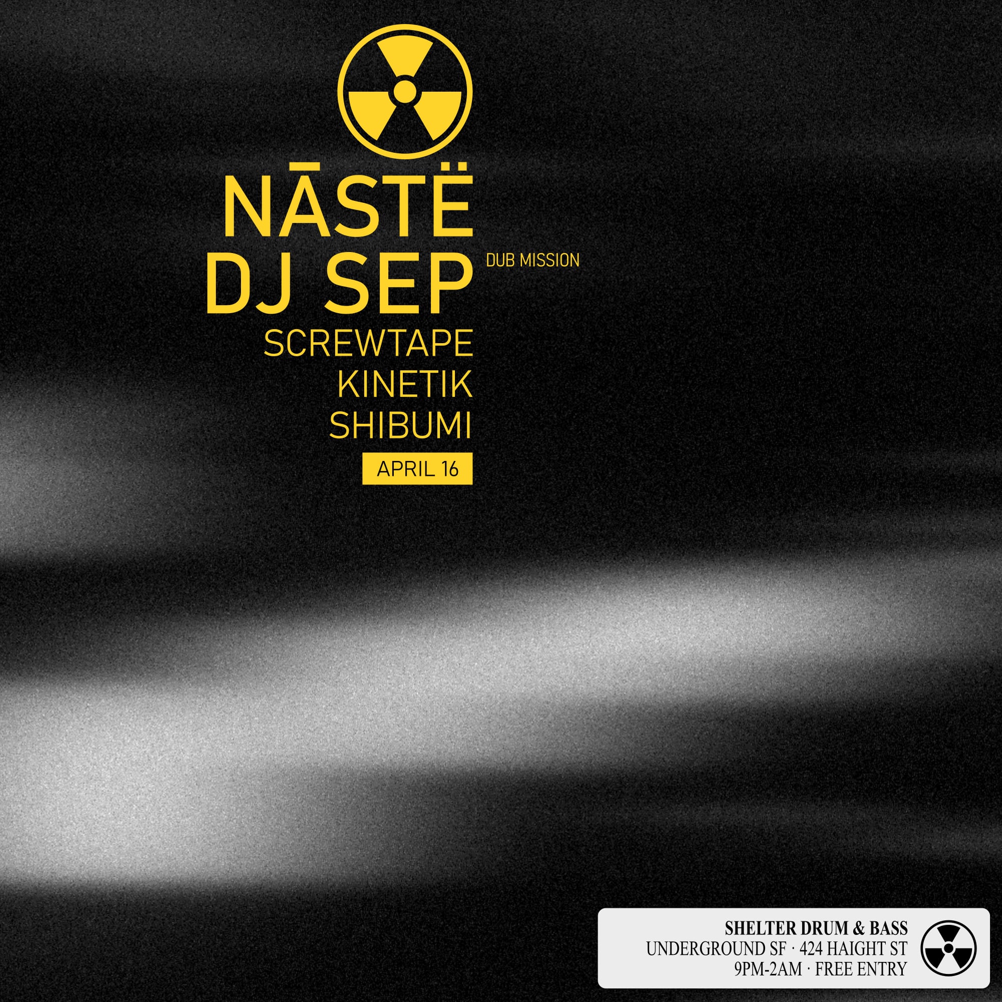 Thursday, April 16:  drum & bass and jungle with DJ Sep, Nāstë, Kinetic, and Shibumi, and Shelter SF&nbsp;head selector Screwtape, at this long-running DnB night at Underground SF (424 Haight Street, San Francisco, CA 94117) / 9&nbsp;pm-2 am / 21+ / Free