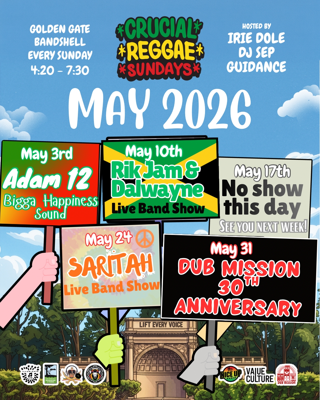 Crucial Reggae Sundays at the Golden Gate Park Bandshell (75 Hagiwara Tea Garden Drive, San Francisco, CA 94118) with a rotation of resident DJs, Guidance, Irie Dole and DJ Sep, plus special guests every week from 4:20 to 7:30 pm. Always free & family-friendly. Check out Dub Mission's 30th Anniversary celebration on Sunday May 31st, featuring guest DJs Vinnie Esparza and Maneesh the Twister.