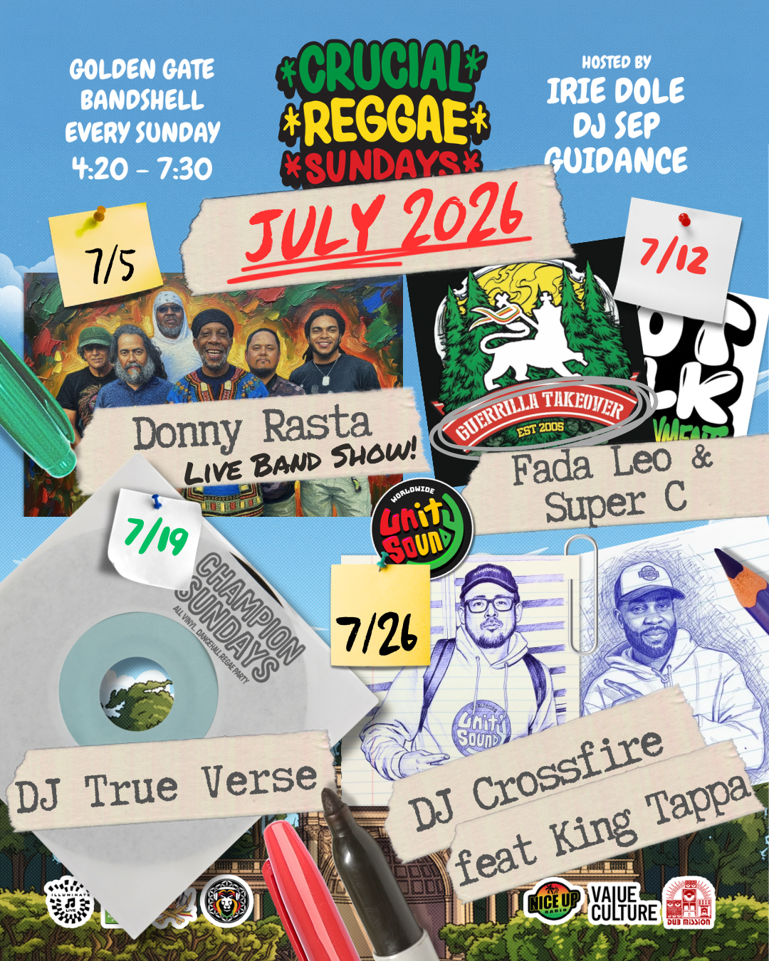 Crucial Reggae Sundays at the Golden Gate Park Bandshell (75 Hagiwara Tea Garden Drive, San Francisco, CA 94118) with a rotation of resident DJs, Guidance, Irie Dole and DJ Sep, plus special guests every week from 4:20 to 7:30 pm. Always free & family-friendly. 
