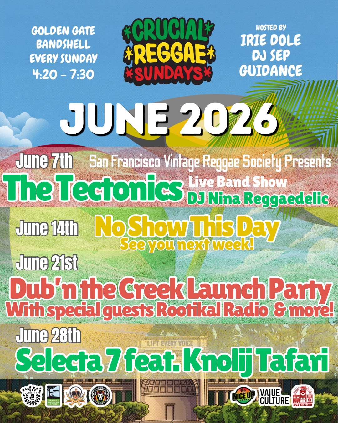 Crucial Reggae Sundays at the Golden Gate Park Bandshell (75 Hagiwara Tea Garden Drive, San Francisco, CA 94118) with a rotation of resident DJs, Guidance, Irie Dole and DJ Sep, plus special guests every week from 4:20 to 7:30 pm. Always free & family-friendly. 